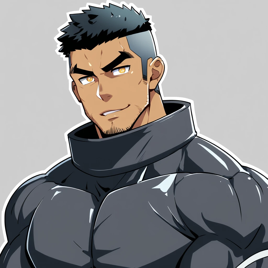 anime characters：Gyee, Muscle Sports Student, negro black skin, 1 dark skin muscular tough guy, Manliness, male focus, Dark grey high collar long sleeve wetsuit, Matte texture, Very tight, Round, full and perky chest muscles, Slightly transparent, muscular male, muscular, only, Upper body, alone, Black short hair, Thick eyebrows, stubble, Yellow eyes, Grey background, simple background, amazing quality, best aesthetics, Ridiculous, bright pupils, crew cut, parted lips, seductive smile, torogao, naughty face,  best quality