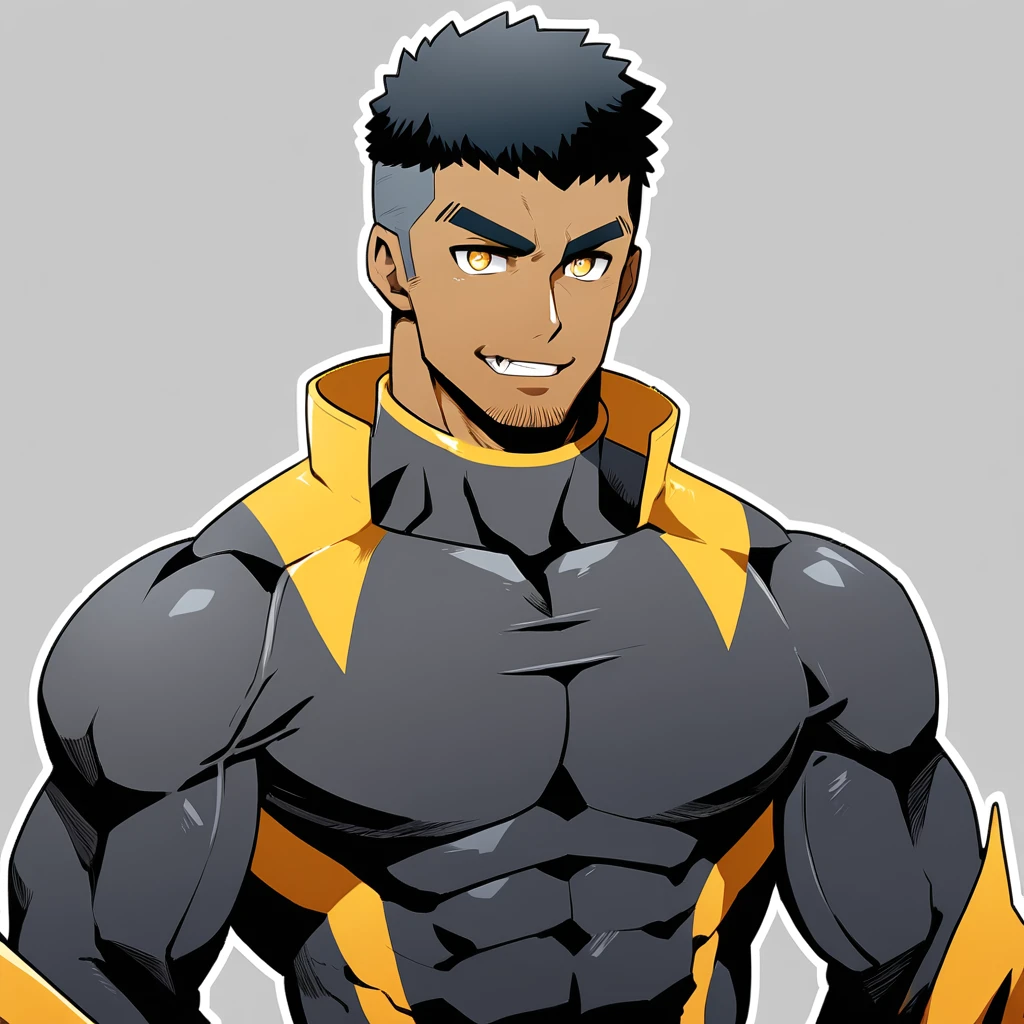 anime characters:Gyee, Muscle Sports Student, negro black skin, 1 dark skin muscular tough guy, Manliness, male focus, Dark grey high collar long sleeve wetsuit, Matte texture, Very tight, Round, full and perky chest muscles, Slightly transparent, muscular male, muscular, only, Upper body, alone, Black short hair, Thick eyebrows, stubble, Yellow eyes, Grey background, simple background, amazing quality, best aesthetics, Ridiculous, bright pupils, crew cut, parted lips, seductive smile, torogao, naughty face, best quality