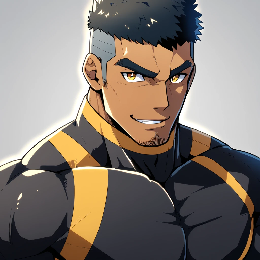 anime characters：Gyee, Muscle Sports Student, negro black skin, 1 dark skin muscular tough guy, Manliness, male focus, Dark grey high collar long sleeve wetsuit, Matte texture, Very tight, Round, full and perky chest muscles, Slightly transparent, muscular male, muscular, only, Upper body, alone, Black short hair, Thick eyebrows, stubble, Yellow eyes, Grey background, simple background, amazing quality, best aesthetics, Ridiculous, bright pupils, crew cut, parted lips, seductive smile, torogao, naughty face,  best quality