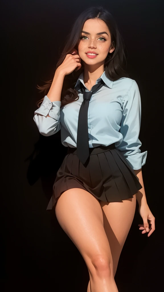 A sexy woman 19 years old , piercing blue eyes smiling, collared shirt, sleeves rolled up, pleated skirt, necktie, loafers, long thick jet black  hair partially curled, thick thighs, skin texture, dramatic shadows and lighting, digital painting, illustration, (masterpiece, best quality:1.2), high details, UHD, (black background:1.5), cinematic film style, film grain, vignette
