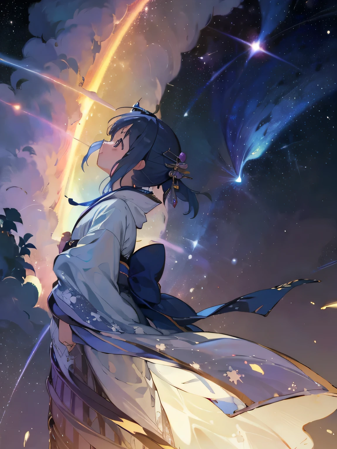 theme「milky way、Wish on the shooting star、Profile of a girl wearing a kimono」、Style「Fantasy、composition「Looking up at the sky」、background「Blue-based rainbow-colored universe」、Anime illustration、from below