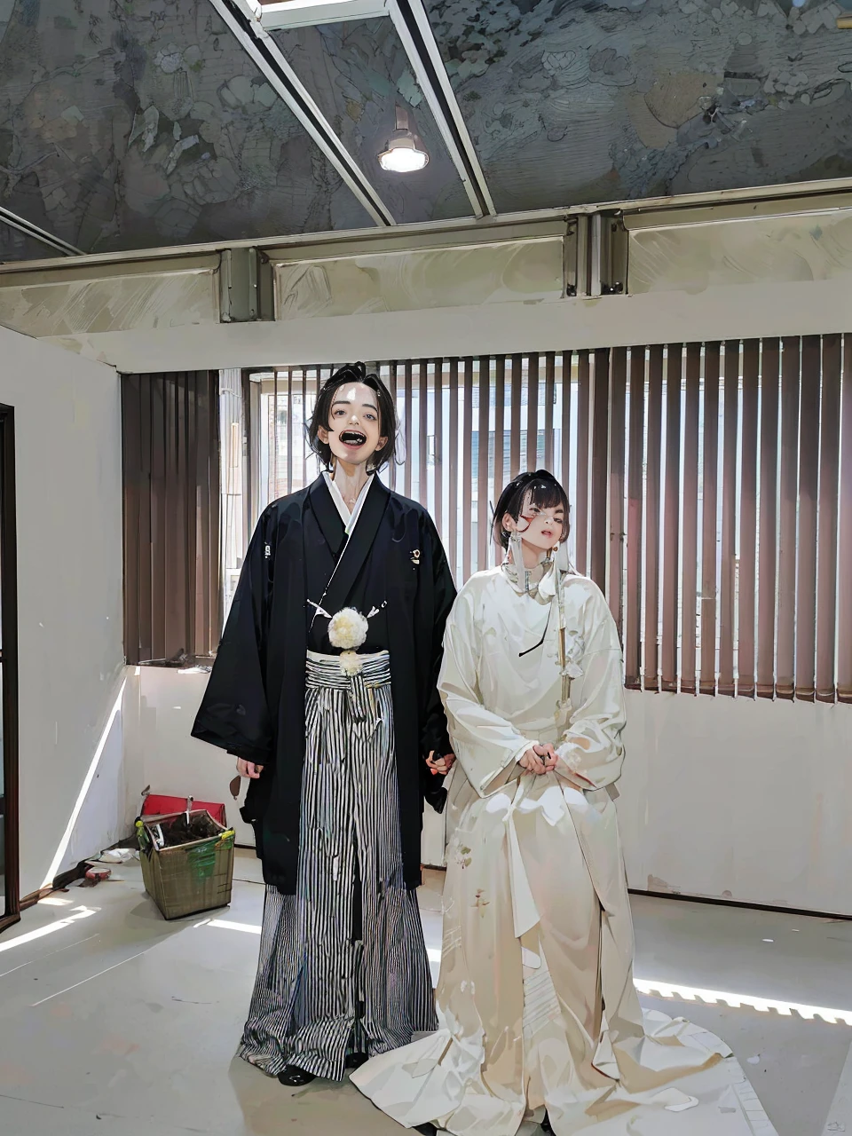 (Tabletop:1.5, best quality:1.5), ((Vaporwave Style, partially coloring)), Women and men, married couples, Japanese style wedding cleaning, laughing.