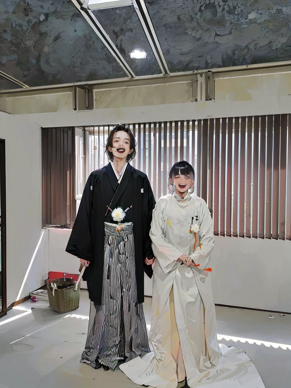 (Tabletop:1.5, best quality:1.5), ((Vaporwave Style, partially coloring)), Women and men, married couples, Japanese style wedding cleaning, laughing.