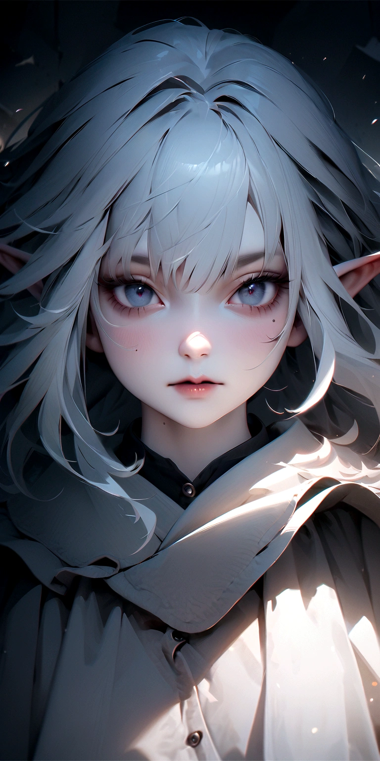 quality\(masterpiece, best quality,8k,wallpaper of extremely detailed CG unit,hight resolution,top-quality,top-quality real texture skin,hyper realisitic,increase the resolution,RAW photos,best qualtiy,highly detailed,the wallpaper\), BREAK ,1girl\(long white hair, dark blue eyes,elf, pale skin, lethargic face, dark circles under her eyes\) is looking down at viewer, wind