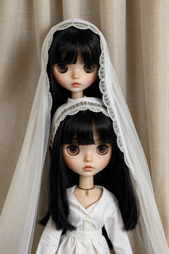 Blythe doll Black hair with short white curtain fringe, black eyes, small eyes