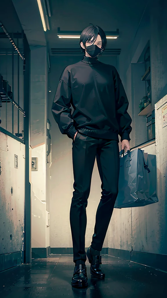 A mask black sweater black pants and black shoes, Physicist:strong man