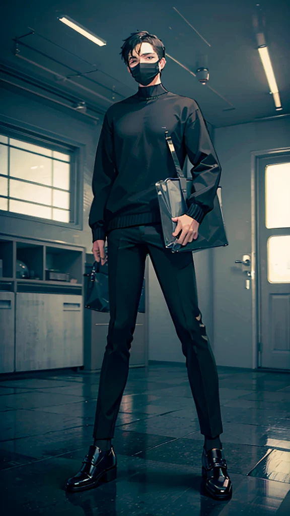 A mask black sweater black pants and black shoes, Physicist:strong man