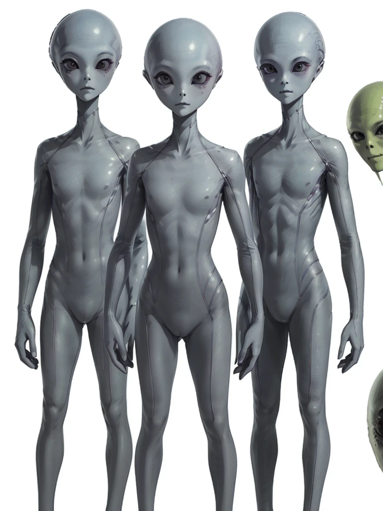 (((Masterpiece))), (high quality),(one alien girl:1.2), ,(innocent smile),(big light black eyes:1.5),5 heads,(Skinhead,Gray aliens,Large, dark, almond-shaped eyes,:1.5),(No hair, no whites, no ears:1.5),Wearing a silver body-fitting suit,Plain background,from below