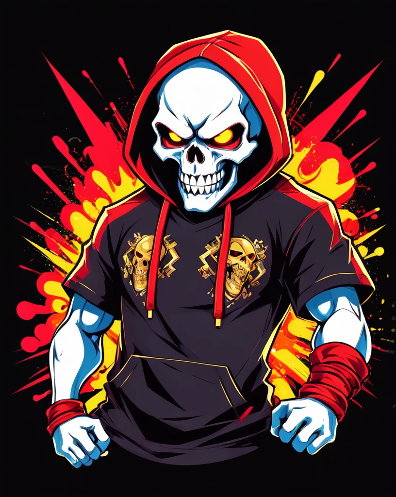 Fighting game style skull head, Hip-Hop Style, t shirt design, flat-colors, vectorial art, ((black backdrop)) . dynamic, Vibrant, full of action, detailed character design, reminiscent of fighting video games