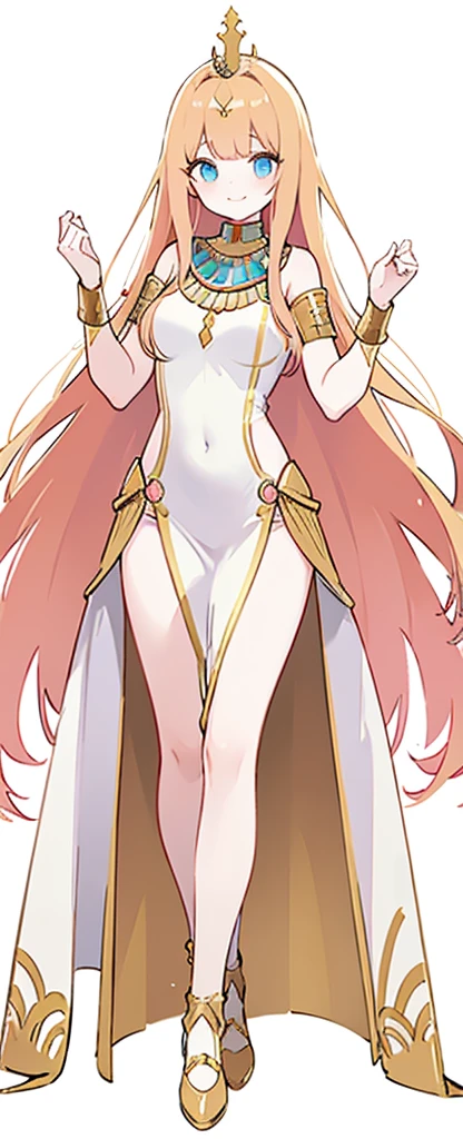 Beautiful RED-haired girl wearing an elaborate Egyptian queen costume, long bangs with eyes visible behind the bangs, sexy white Egyptian dress with colored striped fabric edges, beautiful slender thighs, full body view, long blonde hair, blue eyes, in the style of an Egyptian , white background, photorealistic, 8k, high quality, detailed, bright colors, dramatic lighting, wearing high gold shoes, cute face clearly visible, slim body, standing upright pose, both hands free pose, smiling, Egyptian queen dress Perfect match long soft white shawl and gold bracelet, long red hair perfectly straight, plain Egyptian queen dress without any accessories, wearing a gold crown like pointed gold cat ears.