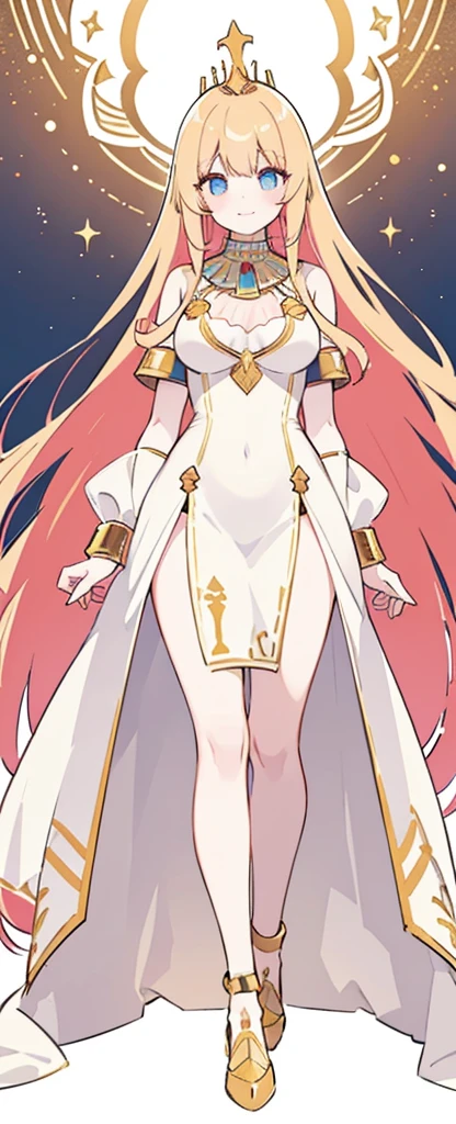 Beautiful RED-haired girl wearing an elaborate Egyptian queen costume, long bangs with eyes visible behind the bangs, sexy white Egyptian dress with colored striped fabric edges, beautiful slender thighs, full body view, long blonde hair, blue eyes, in the style of an Egyptian , white background, photorealistic, 8k, high quality, detailed, bright colors, dramatic lighting, wearing high gold shoes, cute face clearly visible, slim body, standing upright pose, both hands free pose, smiling, Egyptian queen dress Perfect match long soft white shawl and gold bracelet, long red hair perfectly straight, plain Egyptian queen dress without any accessories, wearing a gold crown like pointed gold cat ears.