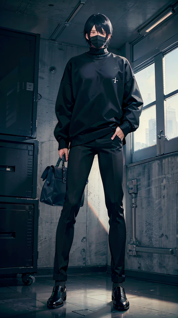 A mask black sweater black pants and black shoes, Physicist:strong man