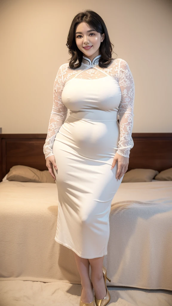 ((best quality, 8K, masterpiece: 0.8)), Smiling fat woman ((best quality)), ((masterpiece)), (detailed), Perfect face, Fat Chinese woman in a white lace long-sleeved dress and a short golden skirt, thickness, She has a small belly, bbw酱, Wear tight and sexy clothes, Thin waist and thick hips, Widest hips, Soft curves, hyperPractical full figure, Wearing a cute top, Wide hips, ,Long legs,, thickness, Beautiful plump woman, Beautiful curvy women,, Big goals,Clear curve details, Curvy hourglass figure, Charming plus size models, bbw酱, full image, Surface Model, Curvy body, (full-body shot)blush, 1girll fat , become a, , Golden Ratio,(Korean Idol),(White and tender skin:),High quality background, HD, Practical, HDR. Skin as white as paper,Lying in bed
