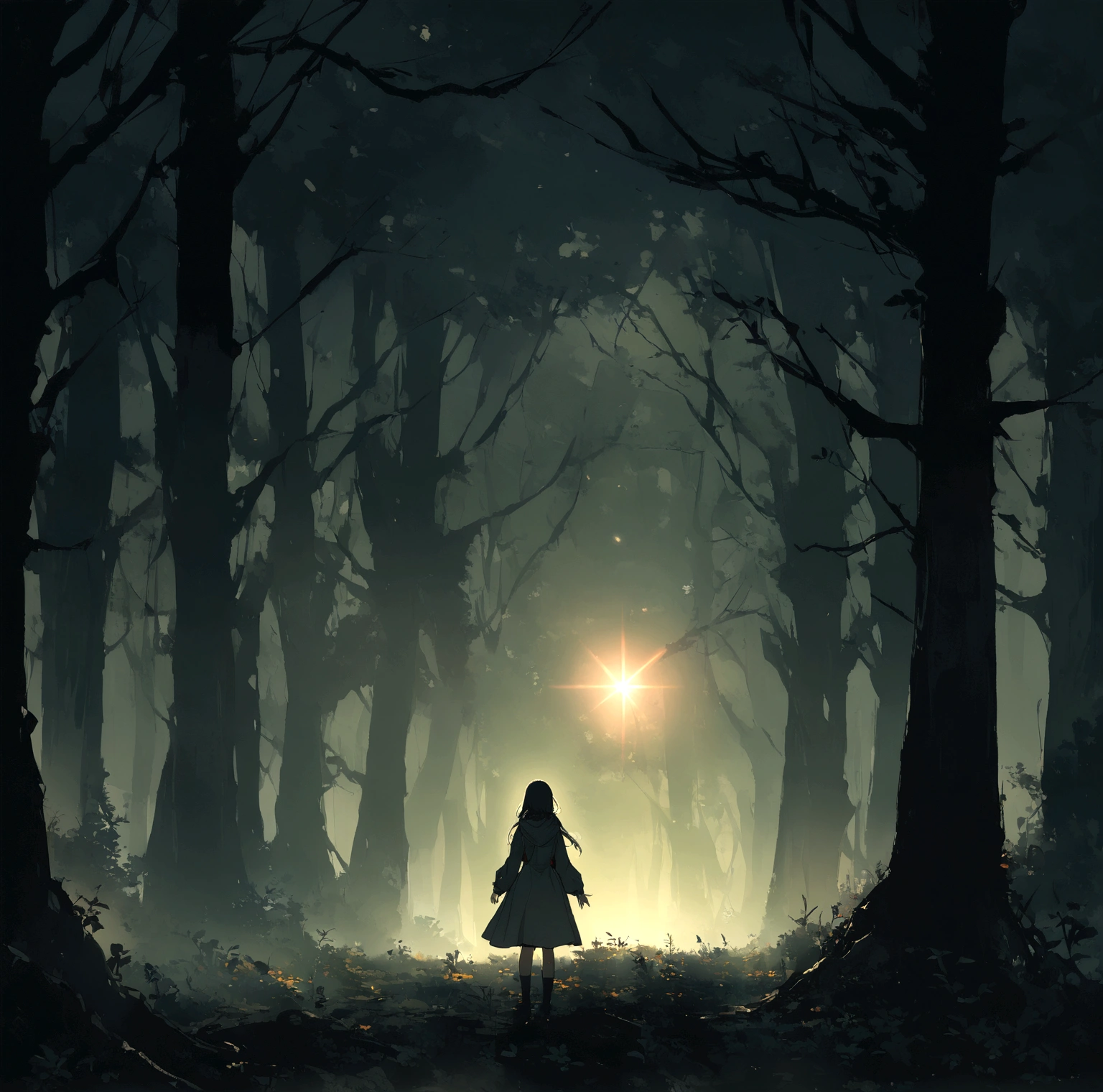 a girl standing in a dark forest