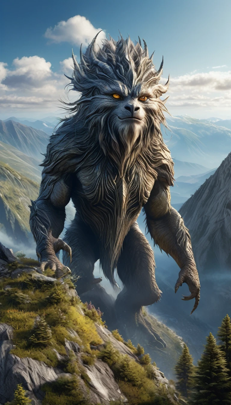 Panoramic front view，There is a humanoid creature on the mountain，Full of hair（best quality，4K，8K，High level，masterpiece：1.2），Ultra Detailed，（lifelike，Photo real，Photo real：1.37），Highly detailed animals，Complex patterns，Realistic lighting，Fantasy Creatures