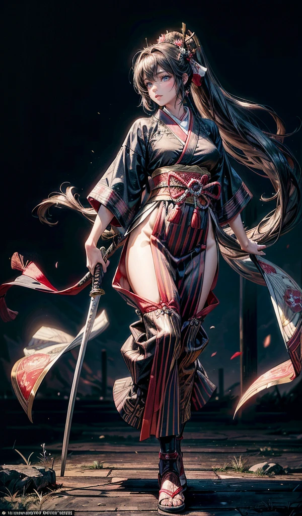 Please follow the all prompts below exactly and faithfully, This is a ultra masterpiece of the most In a breathtakingly beautiful digital illustrations in the highest quality with maximum resolution, UHD, 512K, 2160p, 10 million ppi, 300 million dpi, natural tones, created with ultra-clear details, the highest realistic skin and hair texture, the most beautiful detailed eye features, a perfect anatomically correct human body, a beautiful background with depth, the rule of thirds, depth of field, and the best and most beautiful natural lighting, 1woman, 25years old, y, full body, beautiful face, elegant matman, Ultimate beauty of all time:1.5, Ultimate attractive face that combines sexiness  eroticism:1.:1.3, light light brown hair, pony tail, (eyes visible through hair:1.3), glossy very thick lips:1.3, pink lipstick:1.0, sexy smile:1.5, sami attire, hakama, holding a katana, vibrant colors, dynamic, traditional Japanese warrior, detailed armor, flowing garments, ornate sword, fierce expression, batady pose, historical accuracy, cultural significance, warrior's spirit, elegant design, bold colors, intricate patterns, ceremonial attire, powerful presence, traditional motifs,
