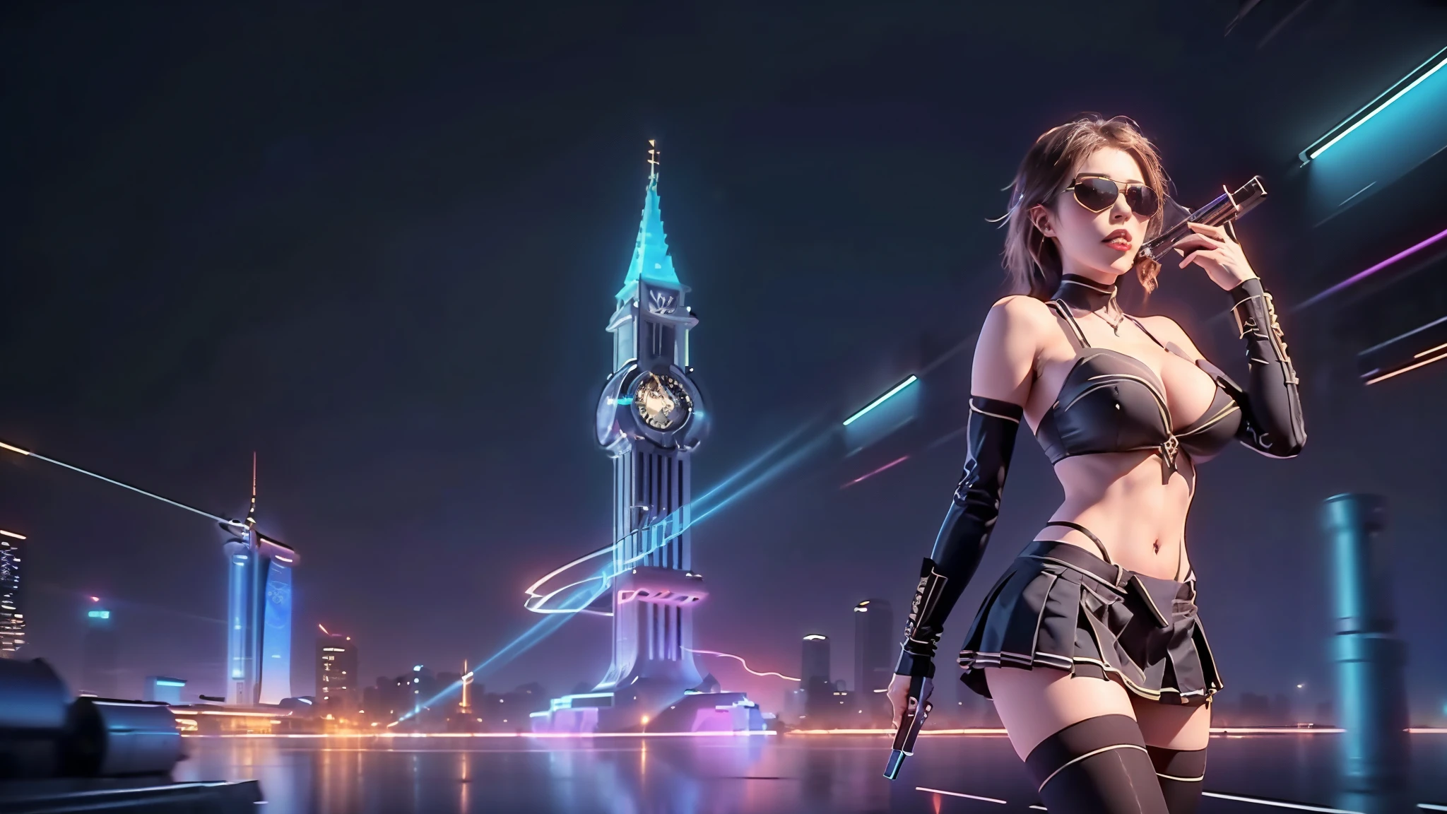 (aerial view). at night, futuristic sci-fi cyberpunk city, broad viaduct, skyscrapers at the end of the viaduct, the movie "13th Floor" style, (((((voltex-spirit-spreading giant clock tower as time machine))))), hq. Matrix style, at night, (1girl, solo), photo realistic, (large-breast:1.2 slim body, cleavage:1.3), (((tube top, extreamly short pleated (((miniskirt)))))), (((((matrix style black sunglasses))))), (((((aiming at camera with a (short:0.8 pistol)))))), (((half-body (thigh level) medium shot))), (cinematic lighting).