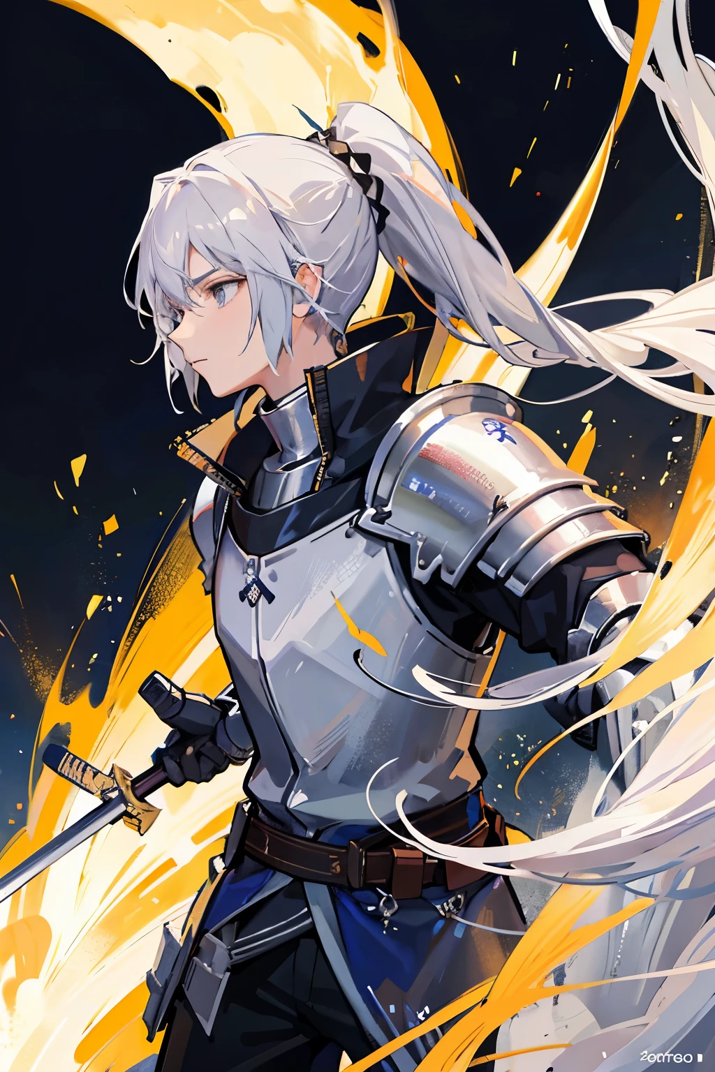 A knight around 25 years old wearing silver armor and a swordsman with long silver hair tied in a ponytail.