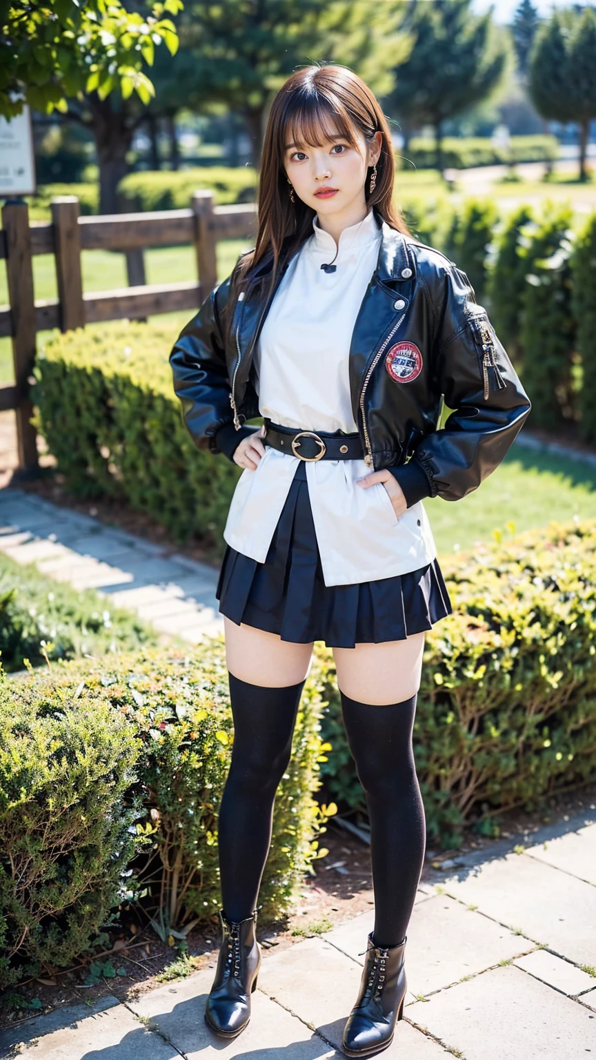 (8K、RAW Photos、Highest quality、masterpiece:1.2)、(Realistic、Realistic)、1 Girl、((Check mini skirt、Jacket、black、Thin legs、whole body、boots、one piece、tights、garden、View from the front、Looking into the camera、belt、Stand with hands on hips))、cute