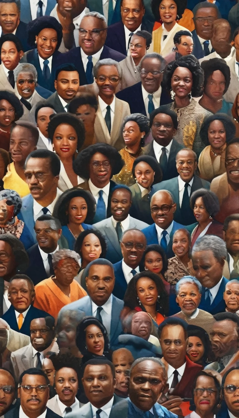 A mosaic of faces of notable Civil Rights leaders, background dark sun, hyper realistic, ultra detailed hyper realistic, photorealistic, Studio Lighting, reflections, dynamic pose, Cinematic, Color Grading, Photography, Shot on 50mm lens, Ultra-Wide Angle, Depth of Field, hyper-detailed, beautifully color, 8k