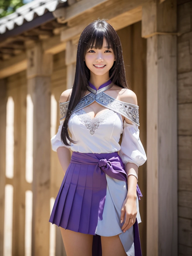 a beautiful japanese girl, very cute high school girl assassin, detailed portrait of innocent 16 year old virgin, in front of a lord's manor at the main entrance, (off-shoulder silver breastplate), (purple long slit skirt:1.2), (purple arm cover, silver booties), ((full body, from below, standing, she'll take you to her house:1.2)), ((a coquettish smile, white teeth, open mouth:1.2)), greeting, blushing, fidgeting hands, translucent skin, small breasts, cleavage, glossy straight medium black hair, asymmetrical bangs, ((best quality, 4k, 8k, highres, masterpiece, ultra-detailed, realistic, photorealistic, photo-realistic, intricate detail, highly realistic:1.3)), dramatic lighting, muted color palette, cinematic composition, emotional portrait