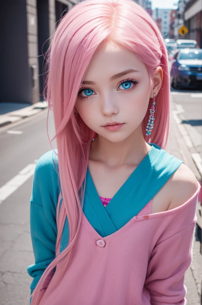 A girl with vertiligo with pink hair and blue eyes in a colorful outfit