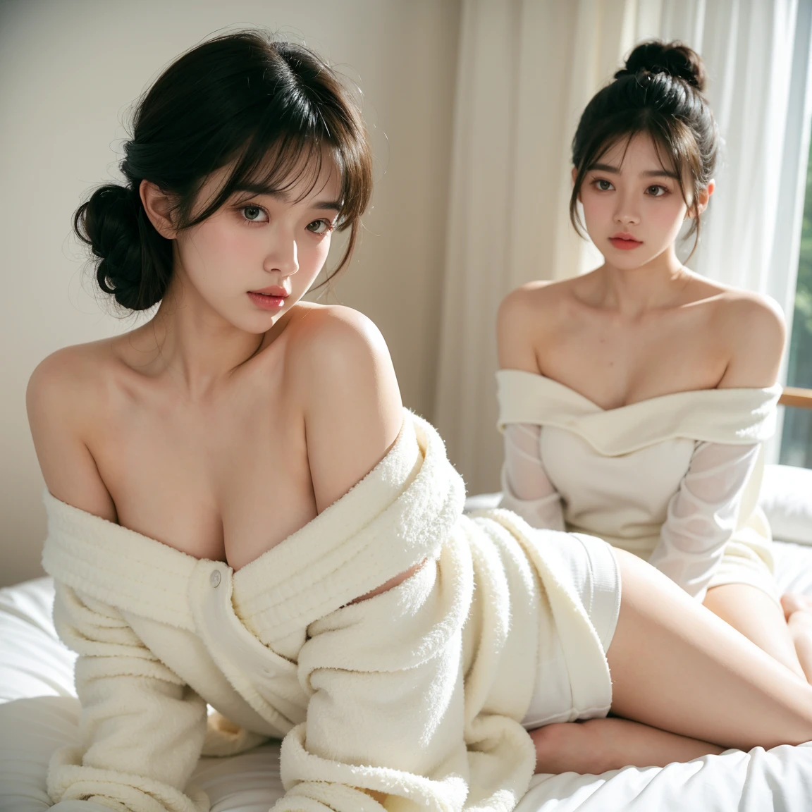 2girl,young and cute,black hair with air bangs,(updo hairstyle), off-shoulders, show cleavage, studio light, soothing tones, muted colors, high contrast, (natural skin texture, hyperrealism, soft light, sharp), gradient pastel colour background,. ((Show big thigh, plump body)),sitting on bed,masterpiece, medium large breast, in towel