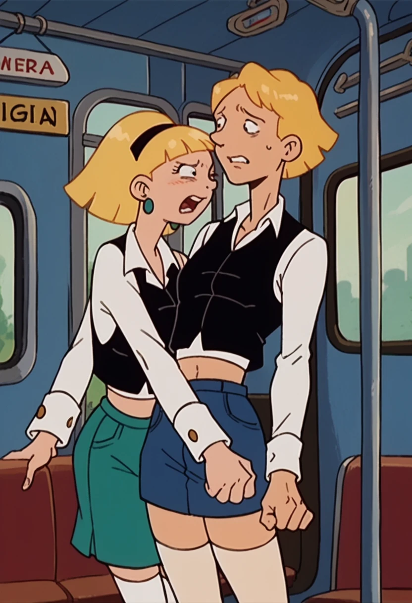 olga pataki, standing, inside a train, white shirt, black vest, long sleeves, midriff, blonde, short hair, earrings, white thighhighs, black headband, retro style, man behind her, sex, forced