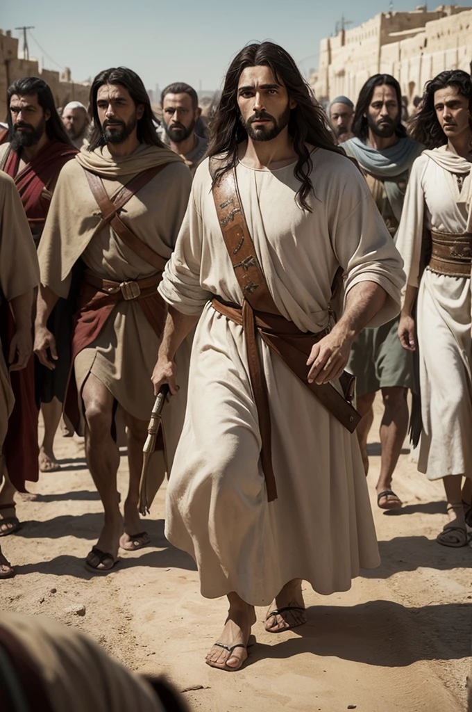 Jesus of Nazareth, portrait of him in Jerusalem walking with his people , highly realistic 4k image