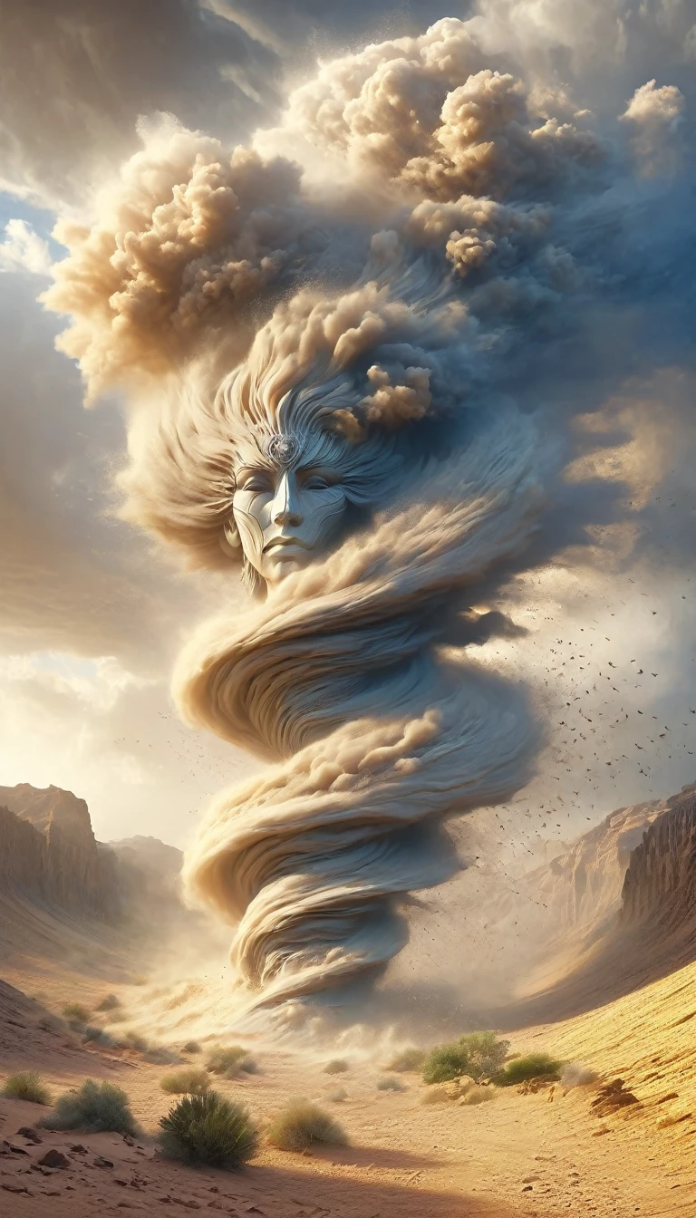 (Desert Canyon:1.5),A narrow canyon in the middle of the desert,Sandstorm,tornado, in the style of photograph realistic landscapes, stone sculptures, Cabin Core, stone, in the style of photograph realistic landscapes, Cabin Core, Rolling Waves,Decorative background, photograph realistic landscapes, Large canvas format, 32K Ultra HD, photograph, The best quality of imaginary landscapes,4K,8K,High resolution,masterpiece:1.2),Very detailed,(Actual,Realistically,Realistically:1.37),