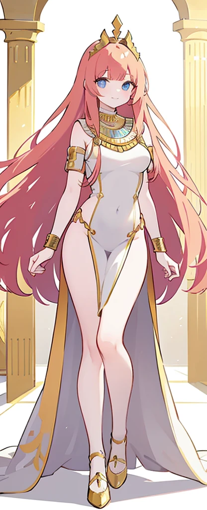 Beautiful RED-haired girl wearing an elaborate Egyptian queen costume, long bangs with eyes visible behind the bangs, sexy white Egyptian dress with colored striped fabric edges, beautiful slender thighs, full body view, long blonde hair, blue eyes, in the style of an Egyptian , white background, photorealistic, 8k, high quality, detailed, bright colors, dramatic lighting, wearing high gold shoes, cute face clearly visible, slim body, standing upright pose, both hands free pose, smiling, Egyptian queen dress Perfect match long soft white shawl and gold bracelet, long red hair perfectly straight, plain Egyptian queen dress without any accessories, wearing a gold crown like pointed gold cat ears.