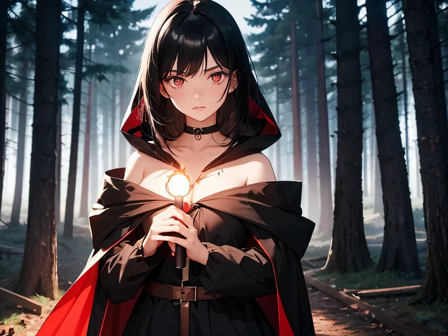 1 girl, (black hair,), 19 years old, In the forest at dusk, Holding a magic wand,, Black cape with hood, Red and black tattered dress, Frightened expression,Bare shoulders, Perfect hands, A burning wooden house in the background, Watching_exist_Viewer, Cowboy shooting, Top quality, Rich details, Perfect image quality