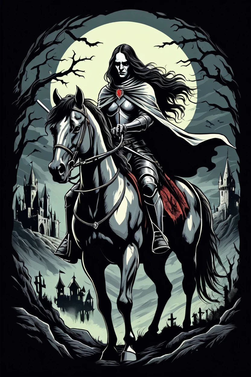 t shirt design, sticker, a knight on horseback and long hair shawl in a high contrast chiaroscuro style horror setting, began, 