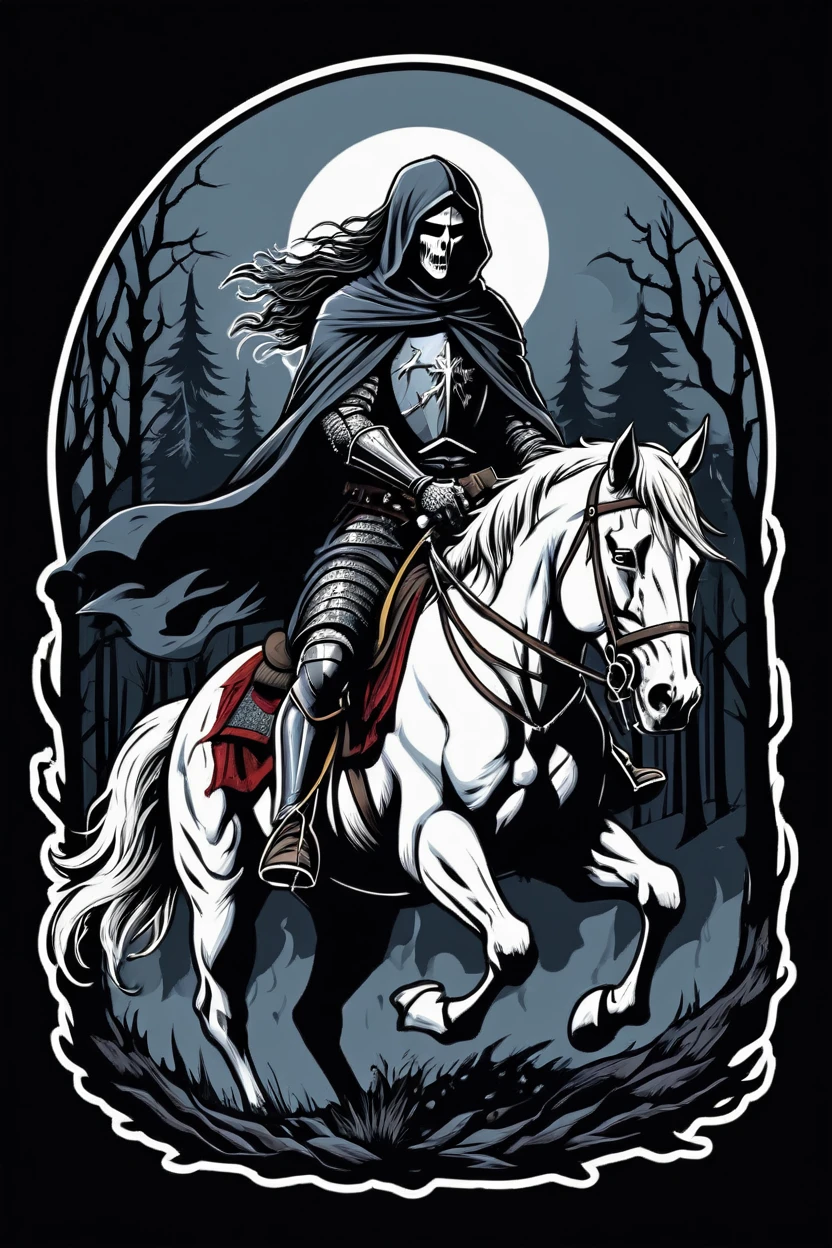 t shirt design, sticker, a knight on horseback and long hair shawl in a high contrast chiaroscuro style horror setting, began, 