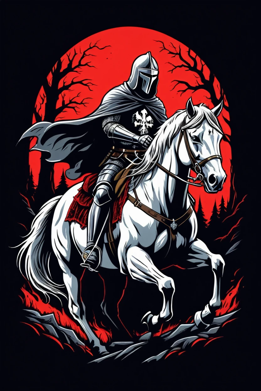 t shirt design, sticker, a knight on horseback and long hair shawl in a high contrast chiaroscuro style horror setting, began, 