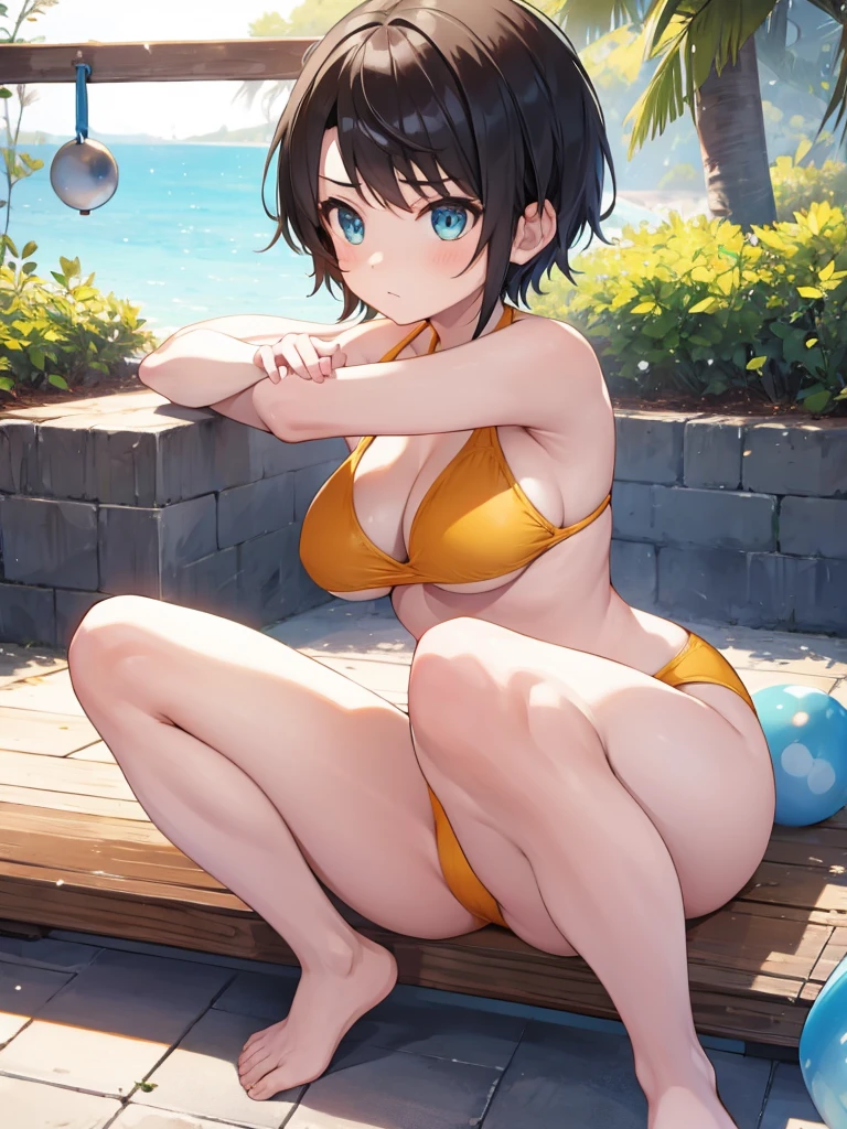 Sit on a big ball、tomboy、girl、stretch、bikini