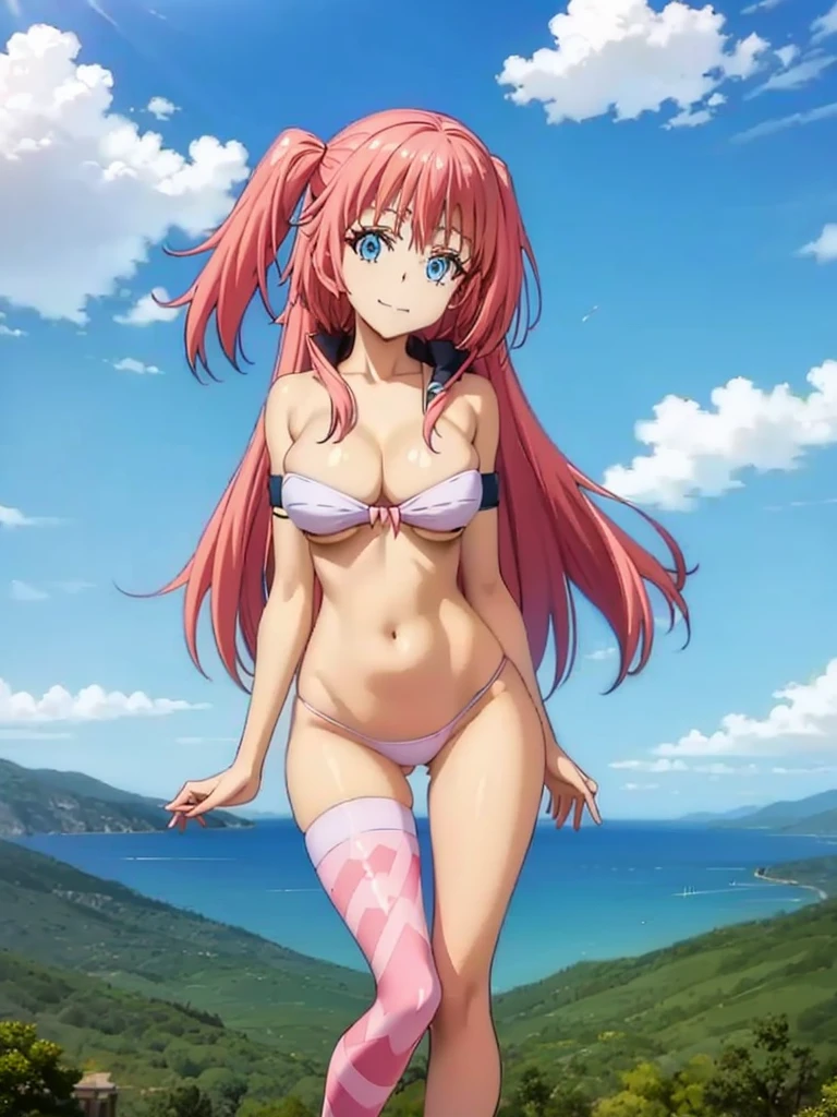 1girl, solo, beautiful girl, brunette skin, blue eyes, big eyes, detailed eyes, long eyelashes, pink hair, long hair, sidelocks, twintails, head tilt, fang, medium breasts, white bikini, string bikini, asymmetrical legwear, pink legwear, pink thighhigh, no pants, smile, looking at viewer, narrow waist, perfect hands, perfect anatomy, cleavage, midriff, navel, bare shoulders, bare arms, outdoors, flying, floating, blue sky, clouds, ultra detailed eyes, anime style, breasts together, knees together, legs up,