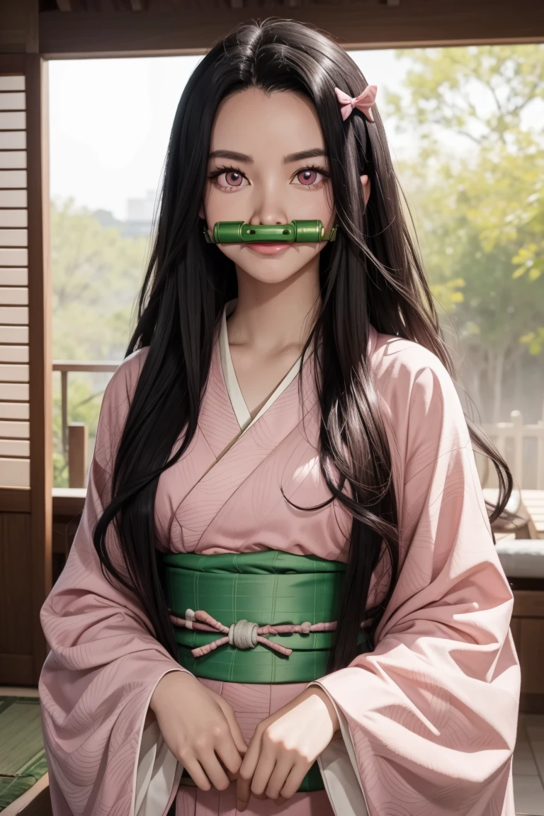 nezukokamado, nezuko kamado, bamboo, (bit gag:1.5), black hair, (forehead:1.5), gag, gagged, hair ribbon, long hair, multicolored hair, (pink eyes:1.5), orange hair, slit pupils, wavy hair, two-tone hair,
BREAK asa no ha (pattern), checkered sash, haori, japanese clothes, kimono, long sleeves, obi, pink kimono, sash, wariza,  wide sleeves,
BREAK looking at viewer,
BREAK indoors,
BREAK (masterpiece:1.2), best quality, high resolution, unity 8k wallpaper, (illustration:0.8), (beautiful detailed eyes:1.6), extremely detailed face, perfect lighting, extremely detailed CG, (perfect hands, perfect anatomy),