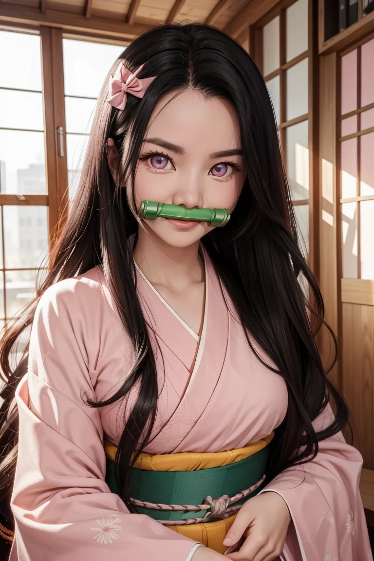 nezukokamado, nezuko kamado, bamboo, (bit gag:1.5), black hair, (forehead:1.5), gag, gagged, hair ribbon, long hair, multicolored hair, (pink eyes:1.5), orange hair, slit pupils, wavy hair, two-tone hair,
BREAK asa no ha (pattern), checkered sash, haori, japanese clothes, kimono, long sleeves, obi, pink kimono, sash, wariza,  wide sleeves,
BREAK looking at viewer,
BREAK indoors,
BREAK (masterpiece:1.2), best quality, high resolution, unity 8k wallpaper, (illustration:0.8), (beautiful detailed eyes:1.6), extremely detailed face, perfect lighting, extremely detailed CG, (perfect hands, perfect anatomy),