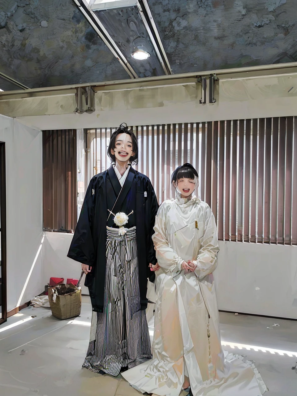 (Tabletop:1.5, best quality:1.5), ((Vaporwave Style, partially coloring)), Women and men, married couples, Japanese style wedding cleaning, laughing.