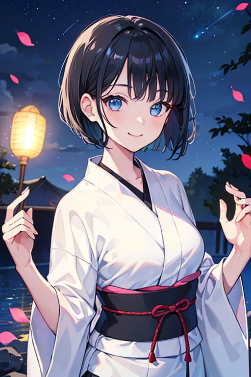((Highest quality)), ((masterpiece)), (Familiar), Illustration Style,Perfect Face,1 Girl,Black Hair,Short Hair,Glowing Skin,big, Bright Blue Eyes,Beautiful Bangs,Small breasts,Super Beauty,woman,,Black yukata,Beautiful clothes,Tanabata,night,smile