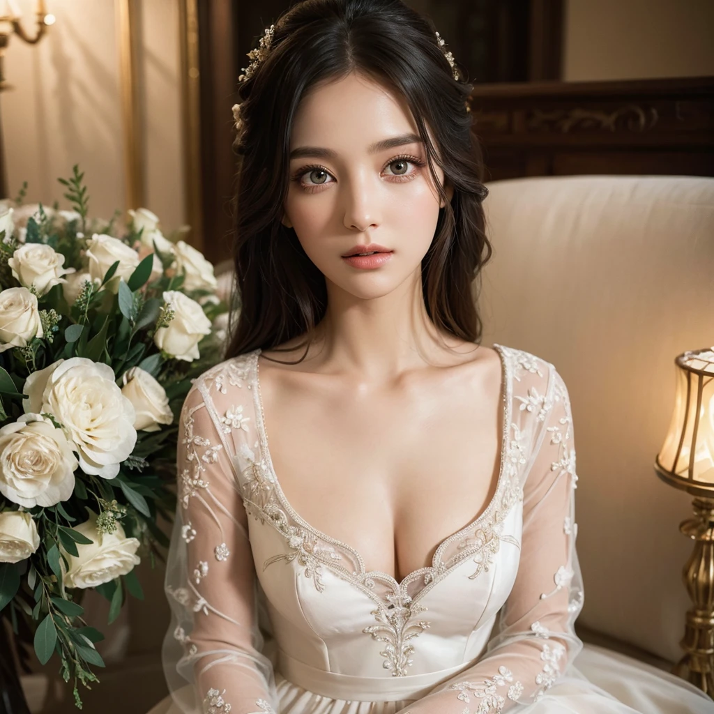1girl,wedding dress,intricate embroidered details,sitting on aisle,flowers background,beautiful detailed eyes,beautiful detailed lips,extremely detailed eyes and face,long eyelashes,cinematic lighting,highly detailed,photorealistic,8k,masterpiece,ultra-detailed,lifelike,dramatic lighting,natural lighting,warm colors,soft colors,romantic,elegant