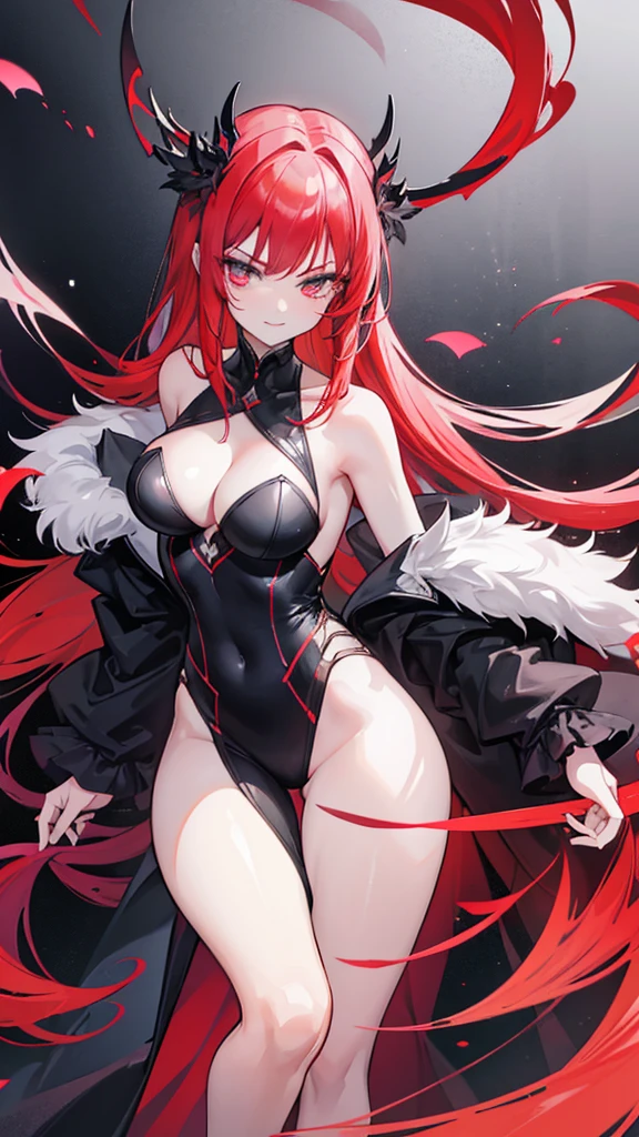 This character is a woman with an imposing and captivating appearance. She has long, flamboyant red hair that falls elegantly over her shoulders and down her back. His eyes are an intense red, adding an aura of mystery and danger. She has a pale complexion and fine facial features, with lips often drawn into a slight, enigmatic smile. She wears a sophisticated outfit, probably a dark uniform or suit, which reinforces her professional and serious appearance. His posture is straight and confident, exuding unwavering confidence.