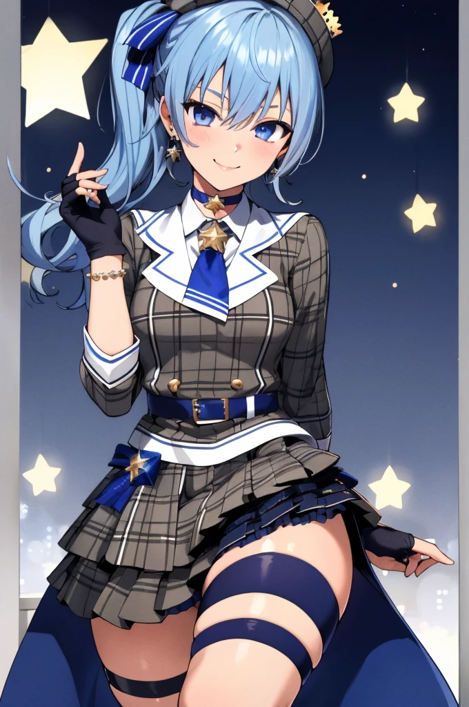 1girl, solo, detailed face,SuiseiBase, plaid beret, crown, blue star choker, star earrings, blue ascot, plaid jacket, plaid skirt, layered skirt, partially fingerless gloves, star bracelet, uneven legwear, thigh strap,,looking viewer,smile,small breasts