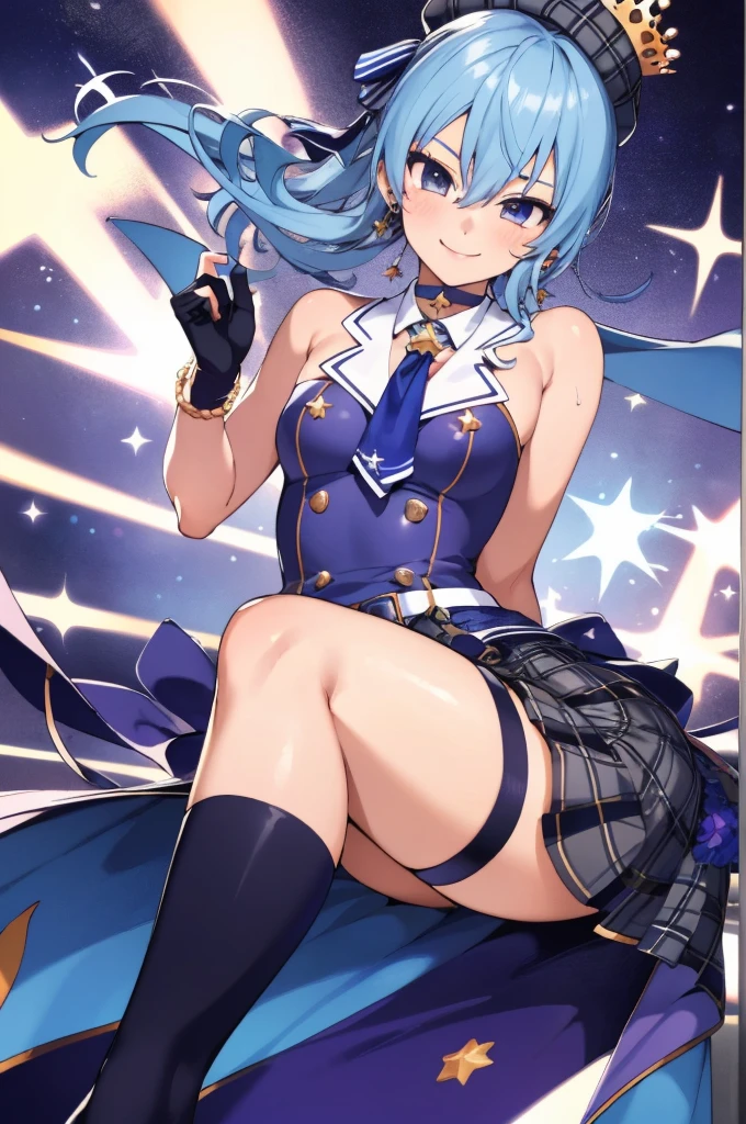 1girl, solo, detailed face,SuiseiBase, plaid beret, crown, blue star choker, star earrings, blue ascot, plaid jacket, plaid skirt, layered skirt, partially fingerless gloves, star bracelet, uneven legwear, thigh strap,,looking viewer,smile,small breasts