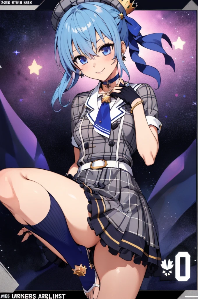1girl, solo, detailed face,SuiseiBase, plaid beret, crown, blue star choker, star earrings, blue ascot, plaid jacket, plaid skirt, layered skirt, partially fingerless gloves, star bracelet, uneven legwear, thigh strap,,looking viewer,smile,small breasts