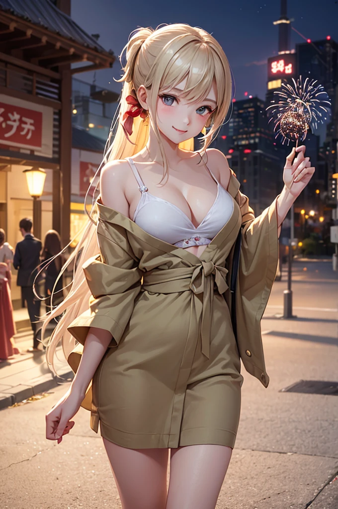 (Best Quality,High resolution,8K,finelity detailed background,Masterpiece:1.2),beautiful girl,Shiny khaki hair,pony tail,Khaki Eyes,Gentle look,A refreshing look,Best quality,Best Quality,Aesthetic and aesthetic:1.2,Best details((Super detailed))(High-definition CG illustrations),yukata,Slender body,buzzer,evening,Festival,Firework Display,fan,Nightclub,open air,smile,blush,cute,Scrounge,Looking up,Being spoiled,super model,Candy apples
