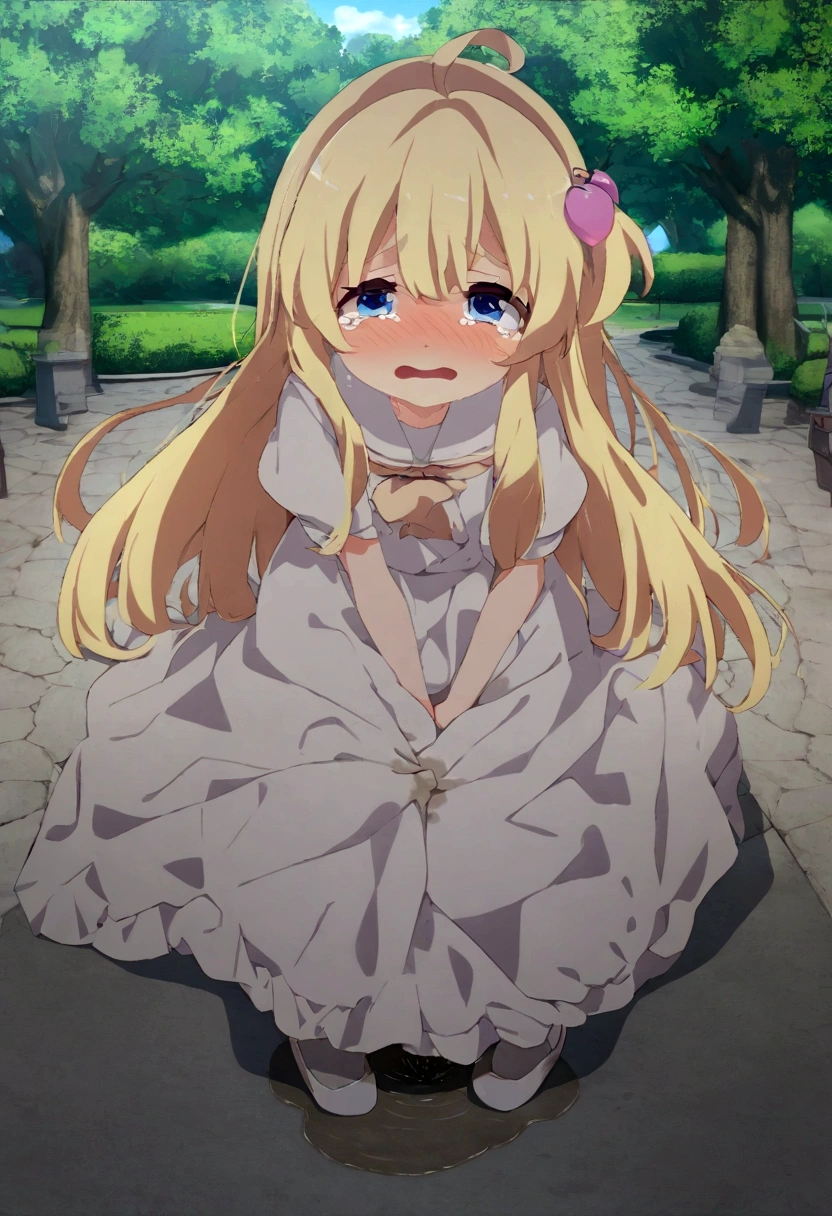 Anime. 1 girl. . . . Princess. Blonde. Long hair. Blue eyes. Beautiful eyes. Perfect eyes. Expressive eyes. Eyes covered with a faded film. Blind eyes. Blind. Ideal face. Ideal anatomical body. Beautiful long legs. Beautiful body. Beautiful nose. 12 ybarrassment. Blush. Beautiful character design. Shiny skin. Light white dress. Shoes. Hair decorations. Disabled person. Paralytic. Sitting. Wheelchair. Hands on crotch. Urinary incontinence. Wants to pee. She needs to pee. She has a strong, desperate urge to pee. He squeezes his crotch tightly. Rubs copper. Slight lean forward. She peed herself. Fantasy city. A park. Date. At the entrance to a public toilet. He takes off his wet panties. Tears in my eyes. Cry. Snot flows from the nose. Full body. nsfw. Official art. Extremely detailed CG Unity 8k wallpaper. Ideal lighting. Ultra high resolution 4K. Super detailed 8K. A high resolution.