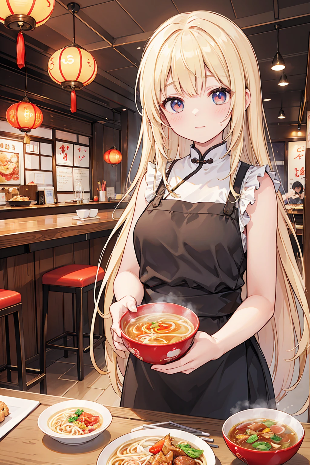 Photorealistic、Highest quality、Highest Resolution、Highest quality、８Ｋ、1人のBeautiful woman、Beautiful woman、Beautiful Woman、Cute girl、Chinese restaurant、ramen、ramenを食べる、