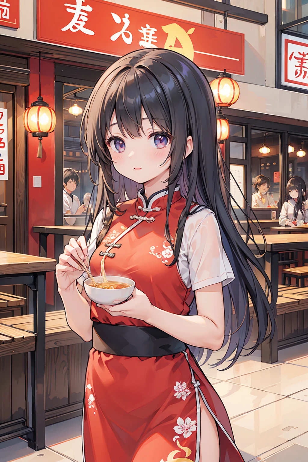 Photorealistic、Highest quality、Highest Resolution、Highest quality、8K、1人のBeautiful woman、Beautiful woman、Beautiful Woman、Cute girl、Chinese restaurant、ramen、ramenを食べる、